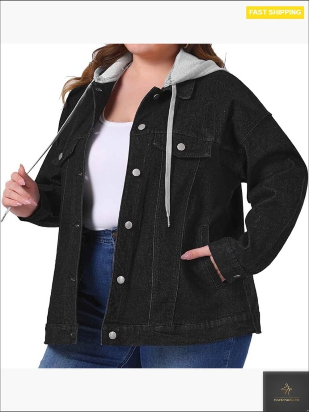 Plus Size Denim Jacket with Detachable Hood Oversized Jean Shacket Pockets